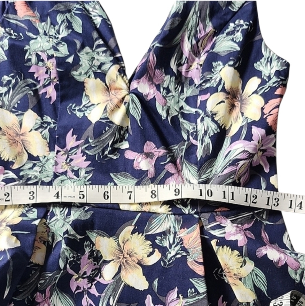 Alythea Tropical Floral Deep V Dress In Navy And Pink, Structured With Pleats - Picture 5 of 7